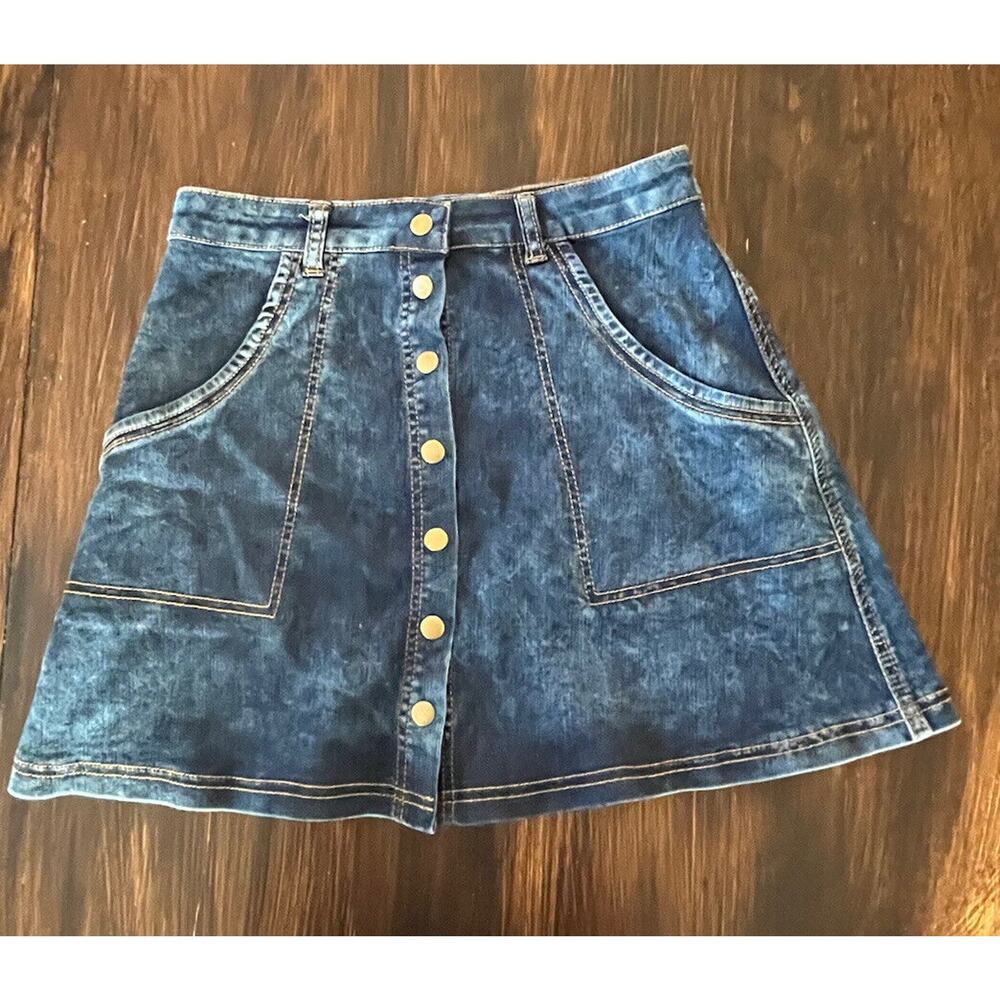 Angel Premium Womens Button Down Skirt Blue Jean Stretch A-Line Y2K Size M